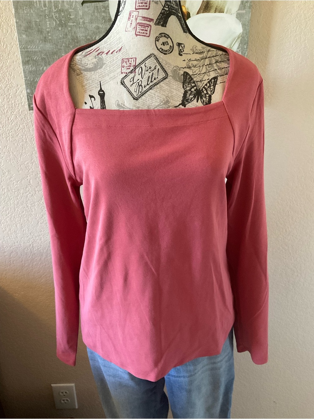 Ann Taylor Factory Large Rose-Pink Square Neck Long Sleeve Top